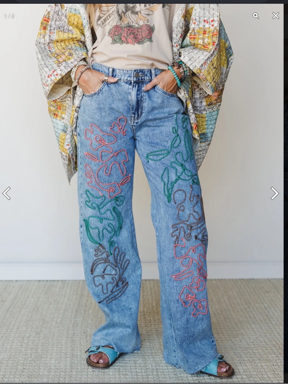 21. NWOT Oli & Hali Blue Wide-Leg Jeans with Multicolor Embroidery